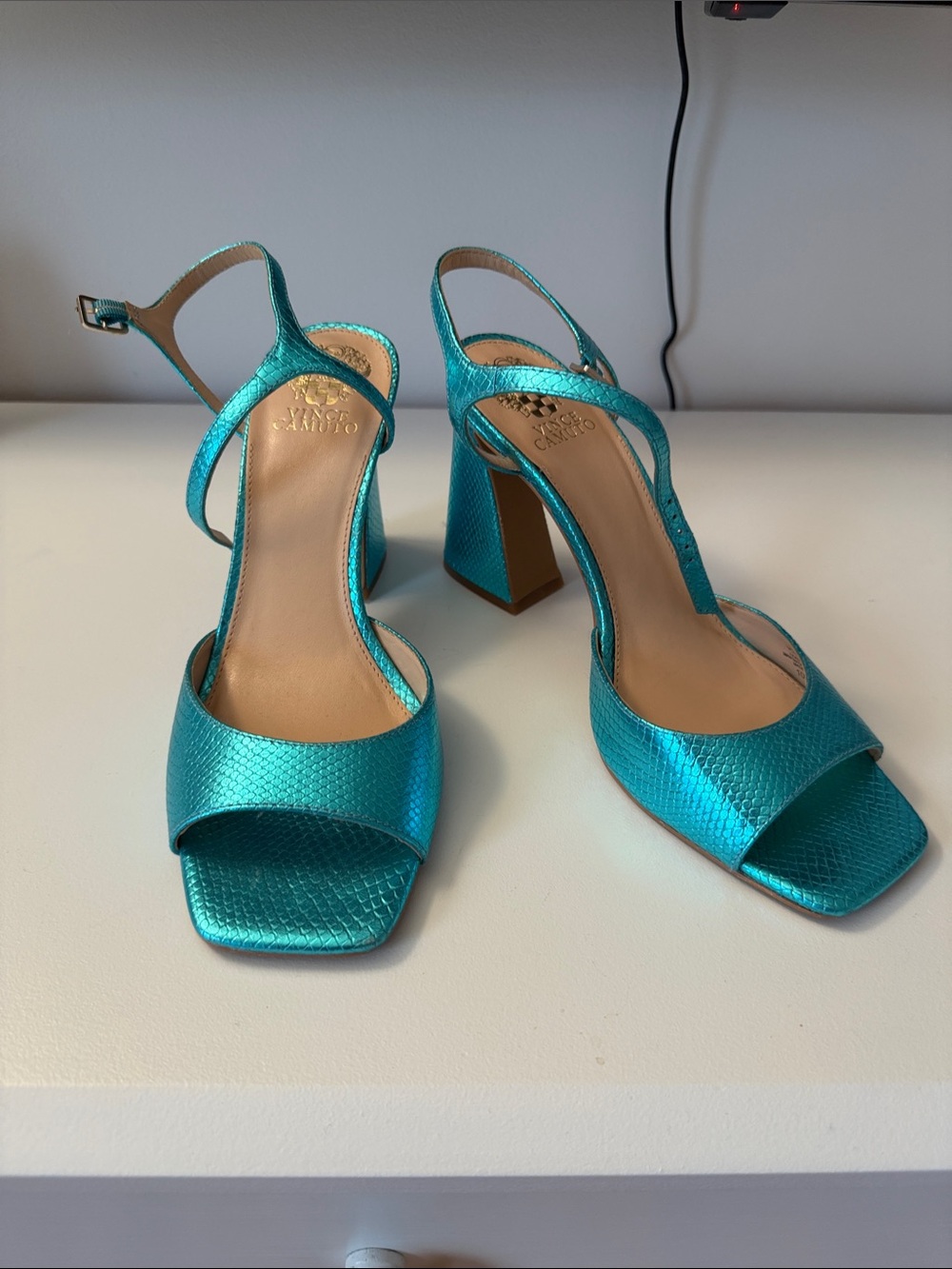 Vince Camuto Metallic Teal Block Heel Sandals